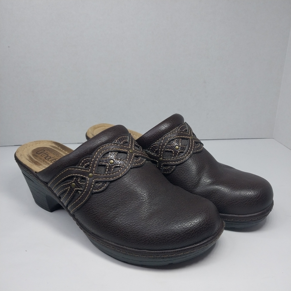 Croft & Barrow Ortholite Damebrown Sz 7 M Faux Leather Brown Slip on Clog Shoes - Picture 1 of 12